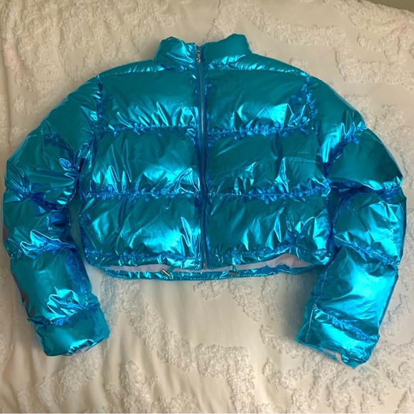 ANGLIU Jackets & Blazers - Metallic Blue Crop Top Puffy Coat
